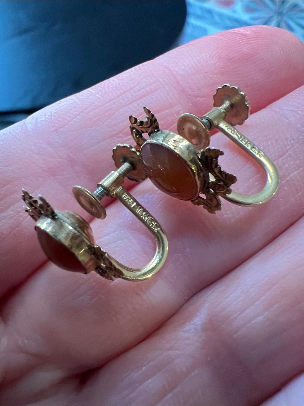 Antique Ornate Etched Carnelian Agate 12k Gold Filled Screwback Earrings - Picture 4 of 6